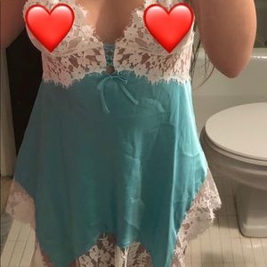 Blue Silk White Lace Lingerie